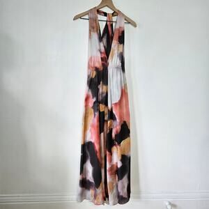 NEW Edition Asos Watercolor Print Satin Halter‎ Maxi Dress 4 Pink Black Tan NWT